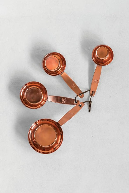 Set of 4 Metal Measuring Cups with Leather with Copper Finish