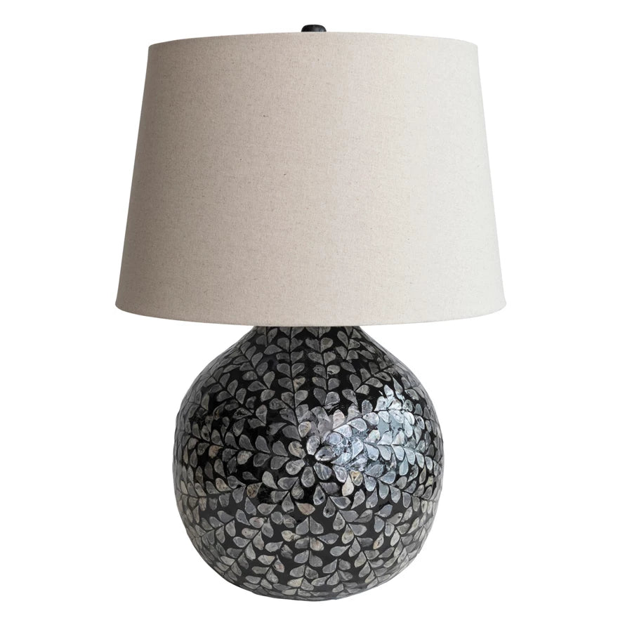 Bamboo & Mother of Pearl Table Lamp w/ Floral Pattern & Linen Shade