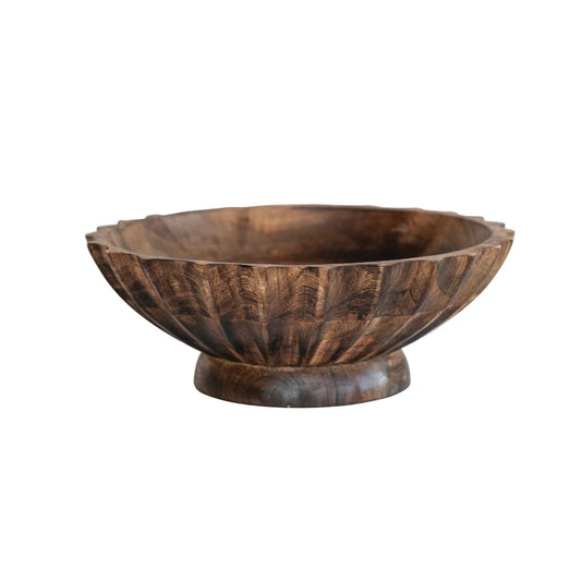 Hand-Carved Mango Wood Footed Bowl w/ Scalloped Edge