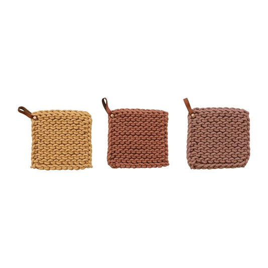 Cotton Crocheted Pot Holder w/ Leather Loop