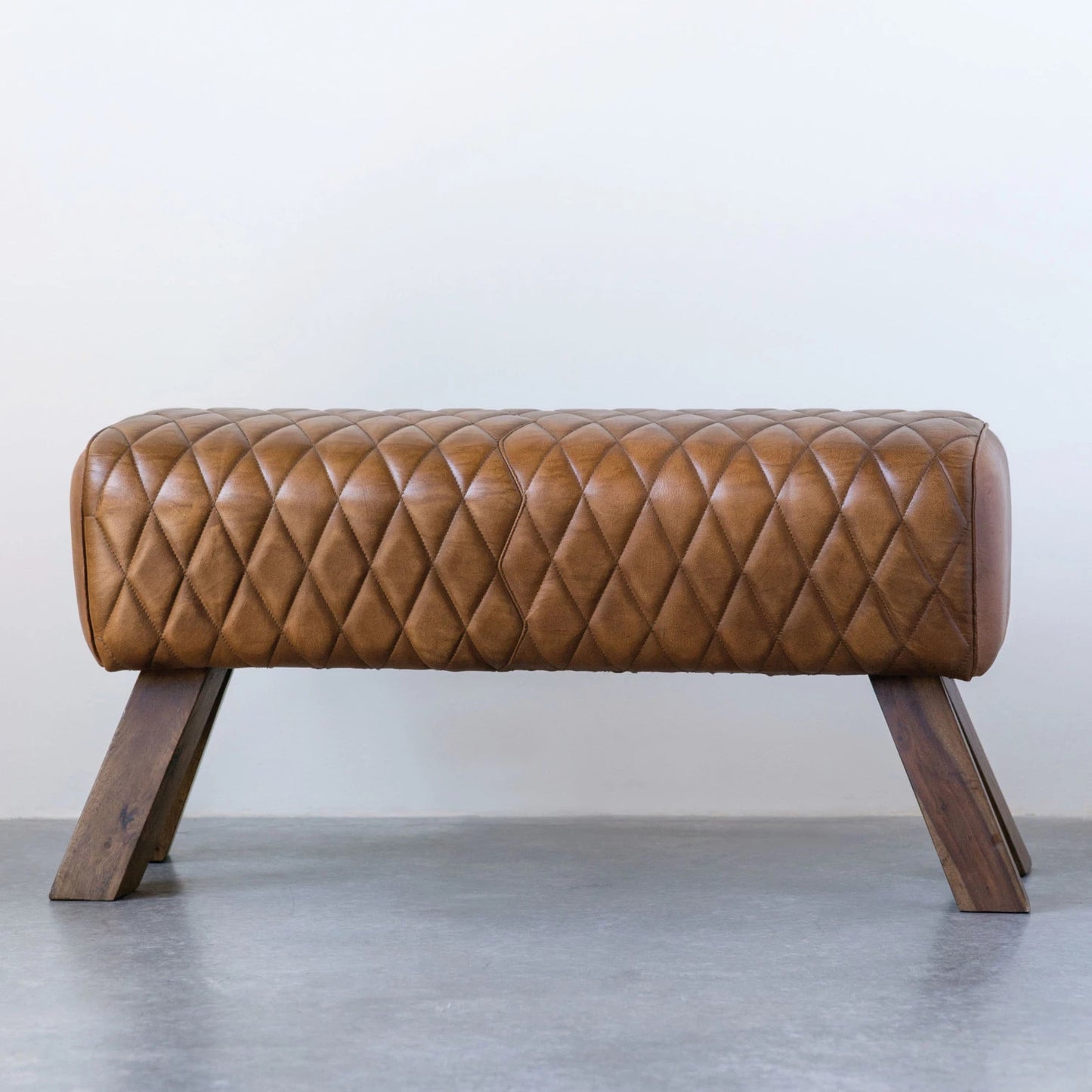 Stitched Leather and Wood Bench