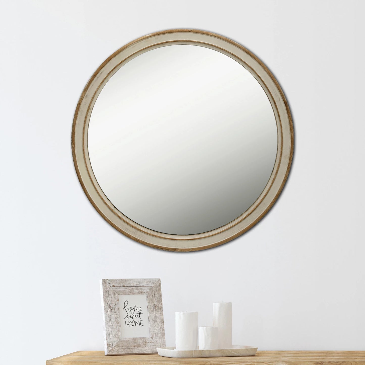 Round Wood Framed Wall Mirror