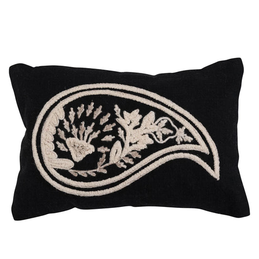 Woven Cotton Slub Lumbar Pillow with Embroidered Paisley