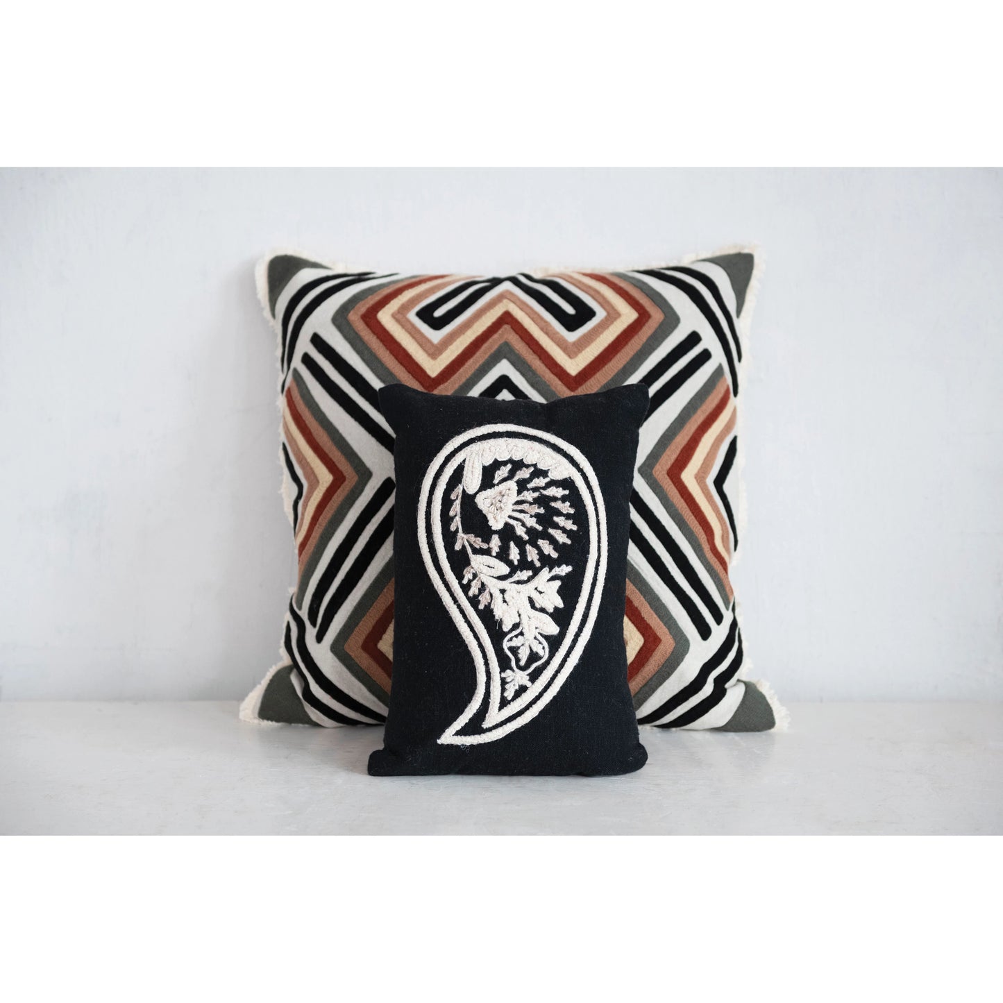 Woven Cotton Slub Lumbar Pillow with Embroidered Paisley