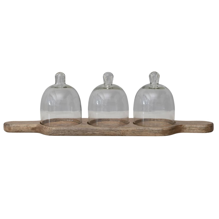 Mango Wood Serving Tray w/ 3 Glass Cloches & Handles