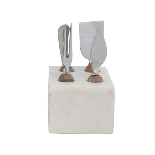 Stainless Steel Cheese Servers w/ Mango Wood Handles & Marble Stand,