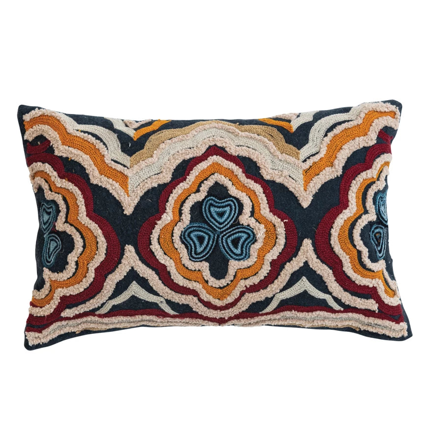 Cotton Lumbar Pillow w/ Embroidered Design