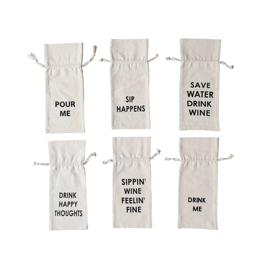 Cotton Wine Bag w/ Saying & Black, 6 Styles