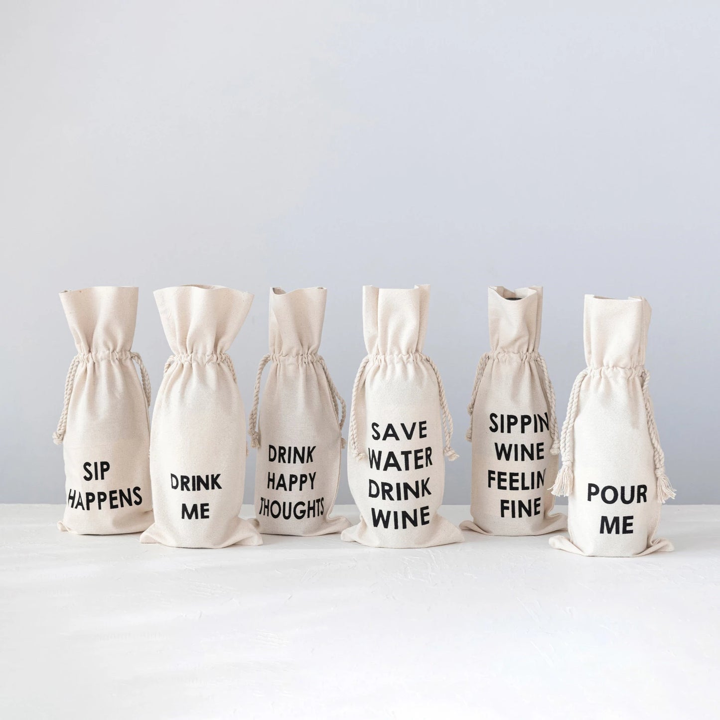 Cotton Wine Bag w/ Saying & Black, 6 Styles