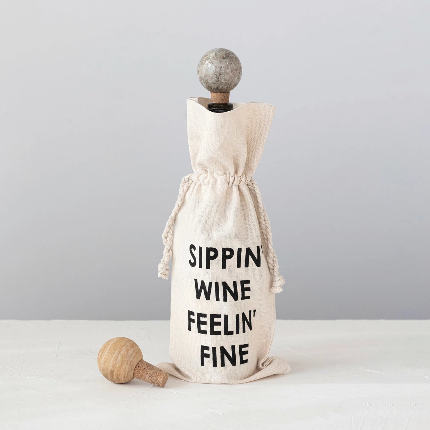 Cotton Wine Bag w/ Saying & Black, 6 Styles