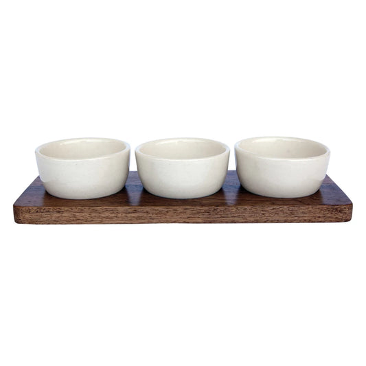 Mango Wood Tray with Stoneware Bowls