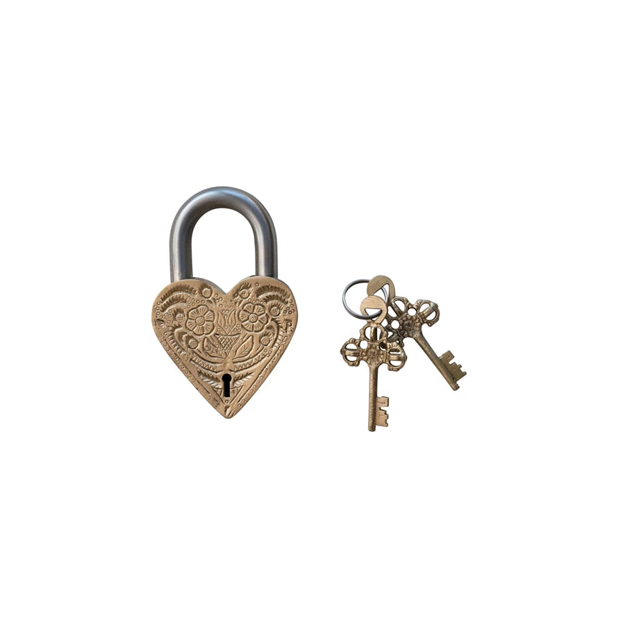 Debossed Brass & Stainless Steel Heart Shaped Lock w/ 2 Keys