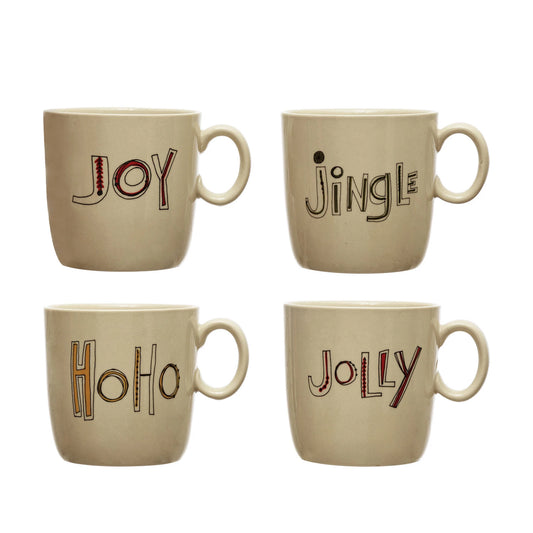 4" Round x 4"H Stoneware Mug with Holiday Word, Multi Color, 4 Styles