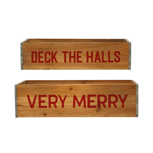 Fir Wood Boxes w/ Handles "Deck The Halls" & "Very Merry", Natural & Red