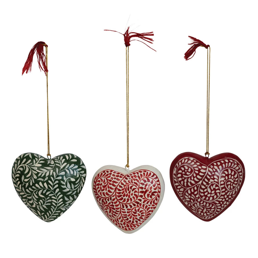 3-1/2"H Hand-Painted Paper Mache Heart Ornament, Multi Color, 3 Styles