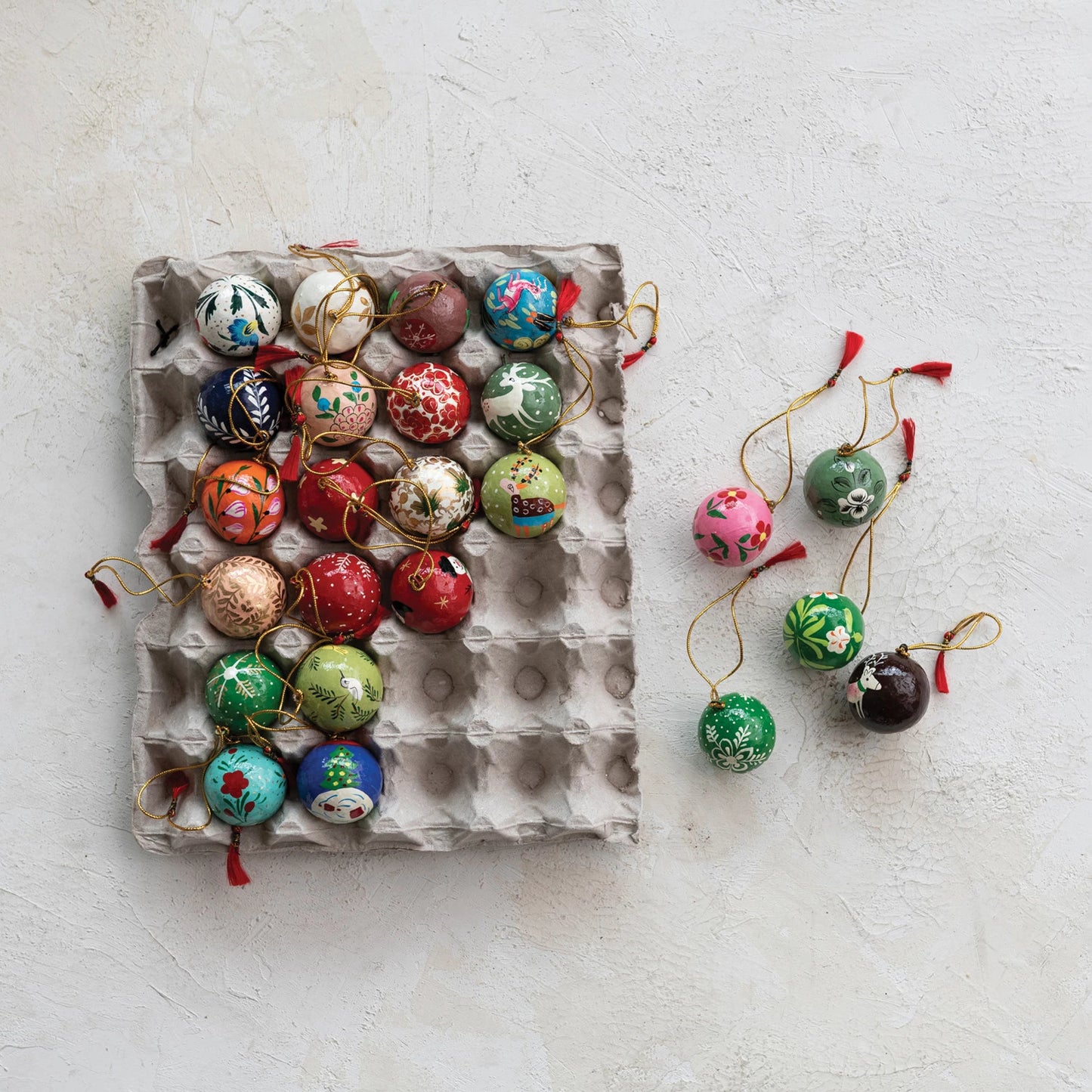 1" Round Hand-Painted Paper Mache Ball Ornaments in Egg Crate, Multi Color, Set of 24