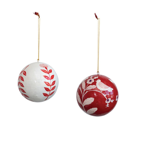 5" Round Hand-Painted Paper Mache Ball Ornament w/ Flowers, Red & White, 2 Styles