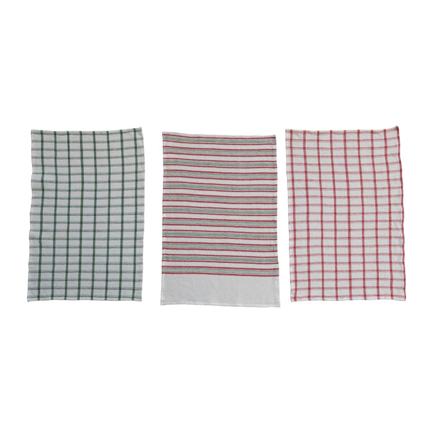 Cotton Waffle Weave Tea Towel w/ Stripes/Grid Pattern