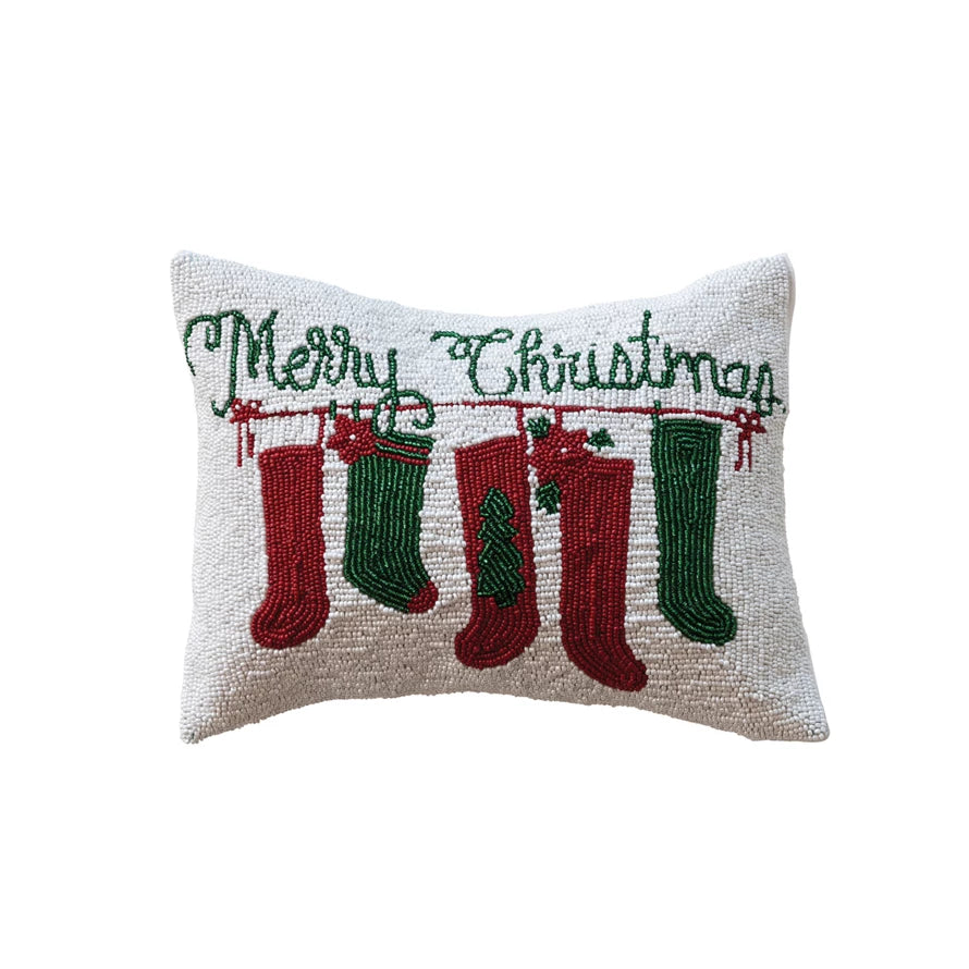 Merry Christmas Cotton Beaded Lumbar Pillow